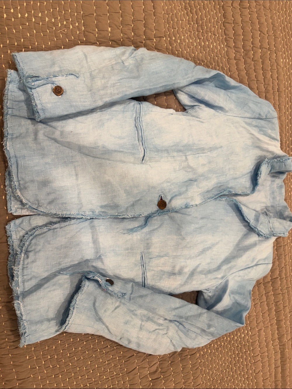 Light Blue Women's Linen Blazer - Casual Frayed Hem
